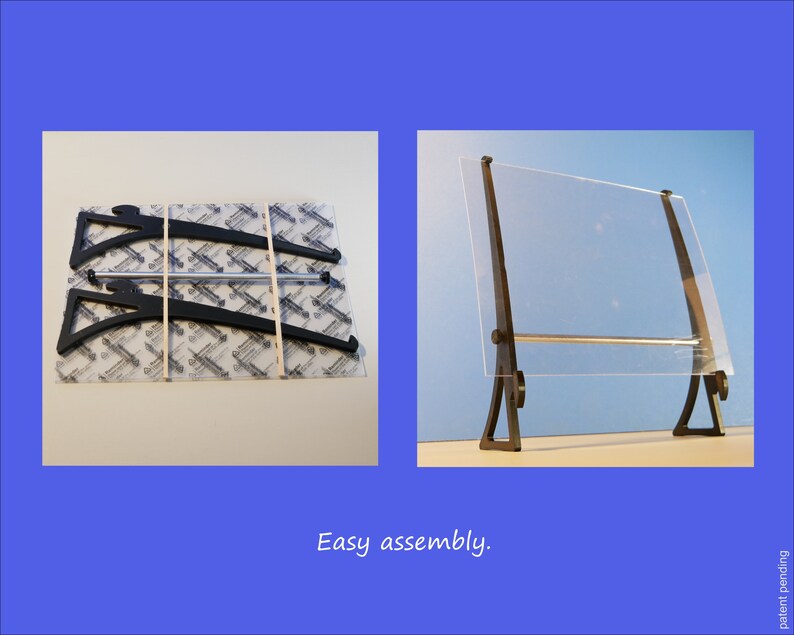 Op de afbeelding: Een heldere acryl displaystandaard met zwarte steunen en een zilveren staaf, gemonteerd en ongemonteerd, wordt getoond. De tekst "Easy assembly" is te zien. Eenvoudige montage.