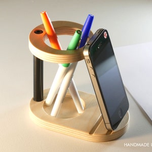 Desk Organizer Stores Phone and Pens | Modern Office Desktop Pencil Holder | A Useful Contemporary Gift for Boss & Coworker, Handmade in USA