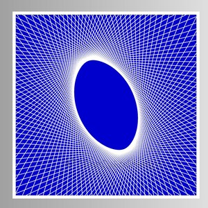 Könnte beinhalten: Abstraktes geometrisches Design mit einem blauen Oval in der Mitte, umgeben von einem Gitter aus weißen Linien. Die Linien bilden ein Muster, das sich von dem Oval ausbreitet, vor einem blauen Hintergrund.