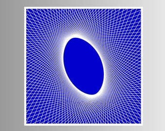 May include: Abstract geometric design featuring a blue oval shape at the center, surrounded by a grid of white lines. The lines create a pattern that radiates outwards from the oval, set against a blue background.