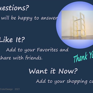 May include: A dark blue graphic with text that says "Questions?" and "Like It?" with instructions to add to favorites and share. A small image of a wooden wine rack is in a blue circle. The words "Thank You!" are in teal.