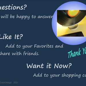 May include: Dark blue background with white text asking "Questions?" and "Like It?" with instructions to add to favorites and share. A vinyl record is in a blue circle. The text "Thank You!" is in teal.