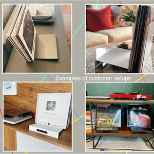 May include: A collection of images showcasing vinyl record holders in various settings. The holders are white or black, displaying album covers. The text "Examples of customer setups" is visible. The images feature turntables and record albums.