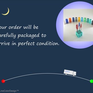 May include: Dark blue background with a crescent moon and text: "Your order will be carefully packaged to arrive in perfect condition." A circle contains a display of pens and pen holders. A USPS truck travels along a curved white line.
