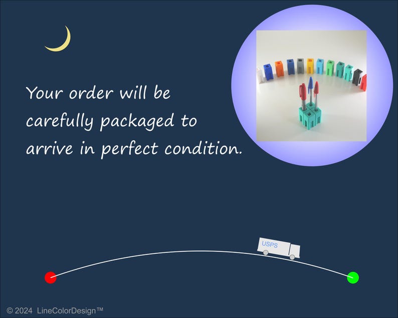 May include: Dark blue background with a crescent moon and text: "Your order will be carefully packaged to arrive in perfect condition." A circle contains a display of pens and pen holders. A USPS truck travels along a curved white line.