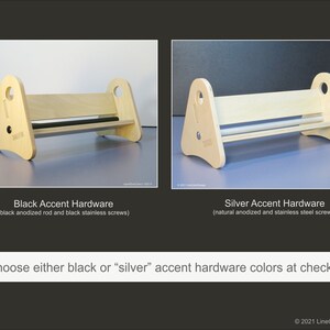 May include: Two wooden furniture pieces with a triangular frame and a horizontal bar. One has black hardware, the other silver. Text reads "Choose either black or "silver" accent hardware colors at checkout."