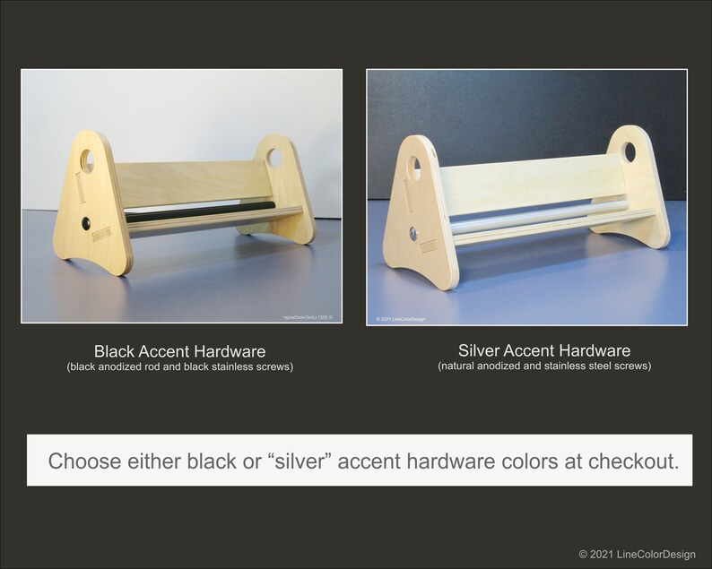 May include: Two wooden furniture pieces with a triangular frame and a horizontal bar. One has black hardware, the other silver. Text reads "Choose either black or "silver" accent hardware colors at checkout."
