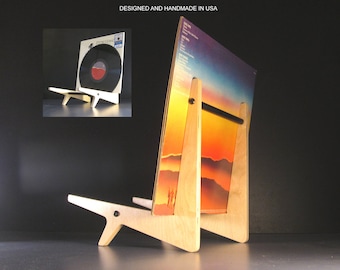 Vinyl Record Storage Stand For 60 Albums | Tabletop Record Holder Has Unique Modern Styling | Minimalist Leaning Wood Rack | Handmade in USA