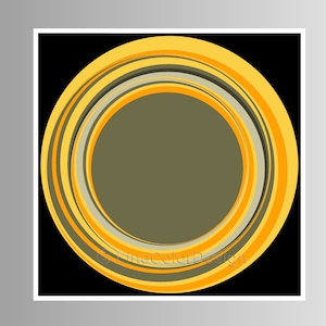 May include: Abstract art print with concentric circles in yellow, orange, grey, and olive green on a black background. The design has a modern, minimalist aesthetic. The text "LineColorDesign" is visible in the lower right corner.