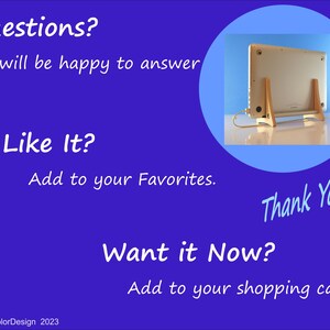 May include: A blue graphic with white text asking questions and encouraging the viewer to add the item to their favourites and shopping cart. A laptop is displayed on a wooden stand. The text says "Thank You!" and "LineColorDesign 2023".