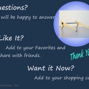 May include: A wooden laptop stand with a light gray metal bar, set against a white background within a blue circle. Text includes "Questions?", "Like It?", "Want it Now?", and "Thank You!" on a dark blue background. The design is by LineColorDesign 2021.
