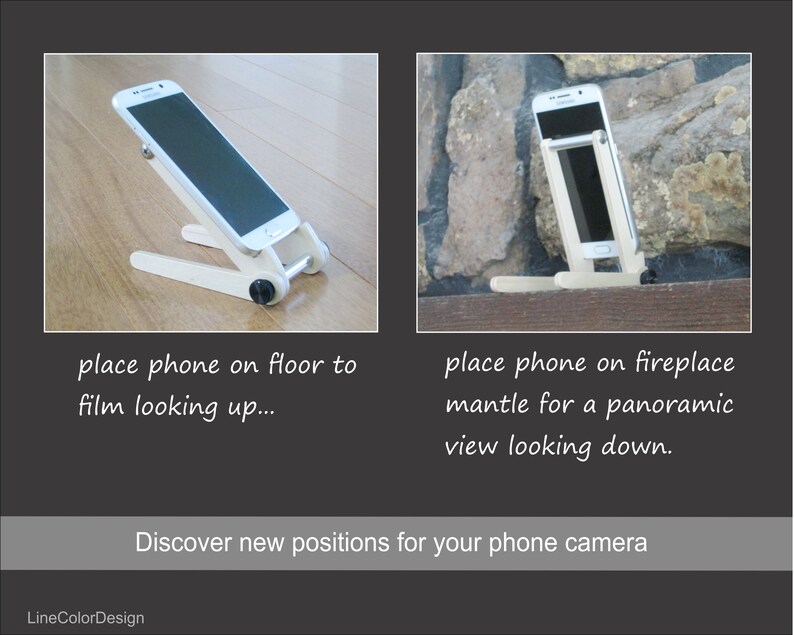 May include: A white phone stand with a black adjustment knob, holding a smartphone. The stand is shown on a wooden floor and a fireplace mantel. Text reads: "place phone on floor to film looking up..." and "place phone on fireplace mantle for a panoramic view looking down."