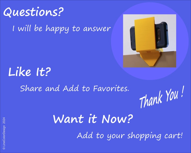 K&ouml;nnte beinhalten: Ein blauer Hintergrund mit wei&szlig;em Text, der "Questions?", "Like It?" und "Want it Now?" sagt. Ein gelber Telefonhalter befindet sich in der oberen rechten Ecke. Der Text "Thank You!" befindet sich in der unteren rechten Ecke.