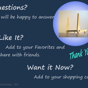 May include: A wooden phone stand with a minimalist design is featured in a circular image. The stand is light-colored and has a unique shape. Text on the image includes "Questions?", "Like It?", "Want it Now?", and "Thank You!"