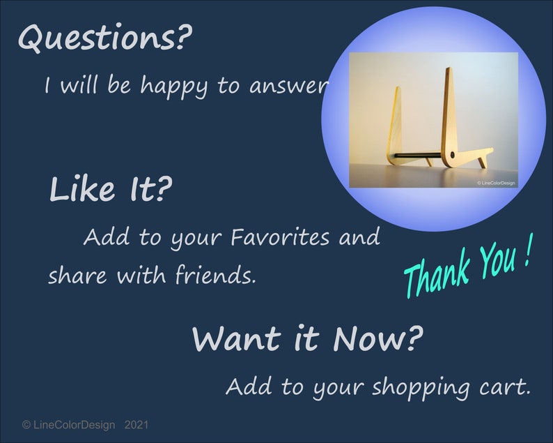 May include: A wooden phone stand with a minimalist design is featured in a circular image. The stand is light-colored and has a unique shape. Text on the image includes "Questions?", "Like It?", "Want it Now?", and "Thank You!"