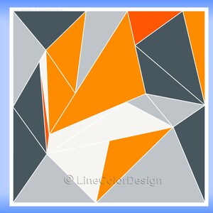 May include: Abstract geometric artwork featuring a fox design. The design uses orange, grey, and white shapes, set against a blue gradient background. The artwork is composed of angular shapes and lines. The text "LineColorDesign" is in the bottom right corner.
