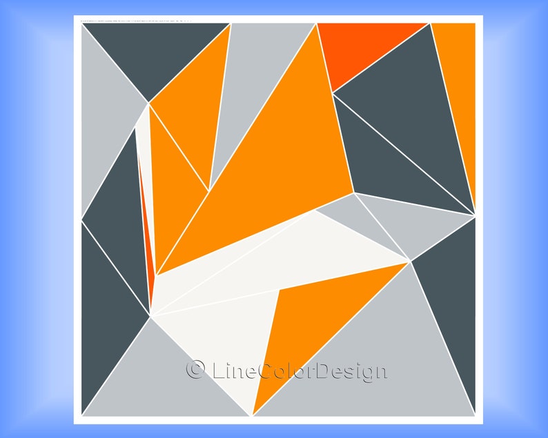 May include: Abstract geometric artwork featuring a fox design. The design uses orange, grey, and white shapes, set against a blue gradient background. The artwork is composed of angular shapes and lines. The text "LineColorDesign" is in the bottom right corner.