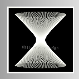 May include: An abstract artwork featuring an hourglass design in white on a black background. The image is composed of converging parallel lines. The artwork is framed in white with a grey border. The text "© LineColorDesign" is visible.
