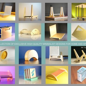 May include: A collection of minimalist designs for home and office. The image showcases various wooden furniture and decor items, including a desk organizer, a chair, and a stand. The designs are modern and feature clean lines. The text "Bold - Exquisite - Unique" is also visible.