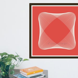May include: A framed art print featuring a geometric design. The artwork has a square shape with a red background and a white, symmetrical pattern of lines. The frame is dark brown.