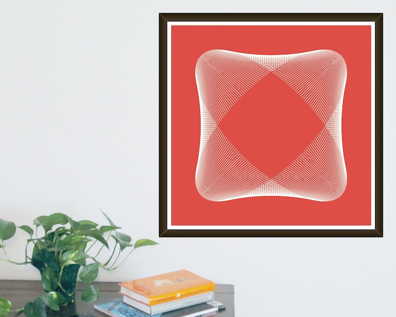 May include: A framed art print featuring a geometric design. The artwork has a square shape with a red background and a white, symmetrical pattern of lines. The frame is dark brown.