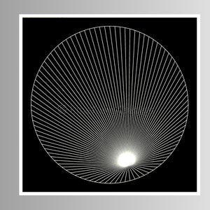 May include: Abstract geometric art print featuring a white circular design on a black background. The design consists of radiating lines converging towards a bright, central point, creating a sense of depth and movement. The artwork is framed in white.