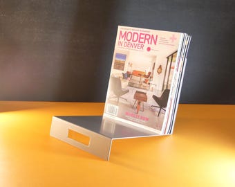 Minimalist Tabletop Magazine Rack by Original designer | Sleek Silver Grey Finish | This Modern Stand Also Stores Larger Books and Folders
