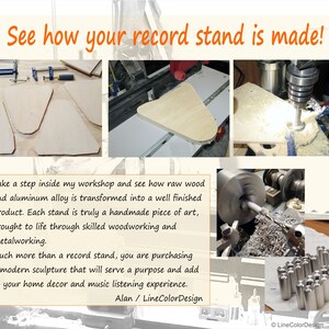 May include: A collage showing the process of making a record stand, from raw wood to finished product. The text reads "See how your record stand is made!" and describes the handmade process, including woodworking and metalworking.