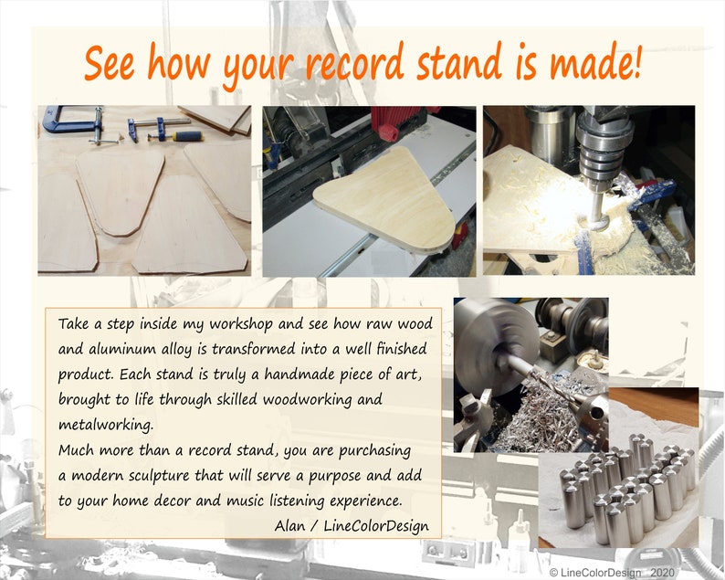 May include: A collage showing the process of making a record stand, from raw wood to finished product. The text reads "See how your record stand is made!" and describes the handmade process, including woodworking and metalworking.
