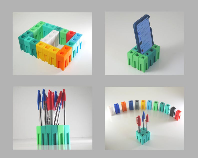 May include: A collection of colorful, 3D-printed desk organizers and accessories. The image shows a phone stand, pen holders, and a modular structure in various colors, including green, blue, yellow, and orange. The items are designed to hold pens, phones, and other small items.