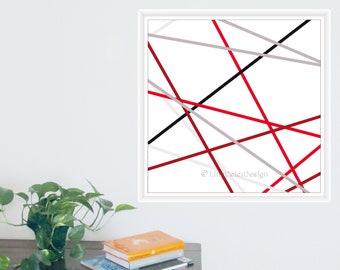 Abstract Printable Wall Art | Red Black Gray Lines | Instant Download Geometric Poster Print | Colorful Contemporary Home Living Room Decor