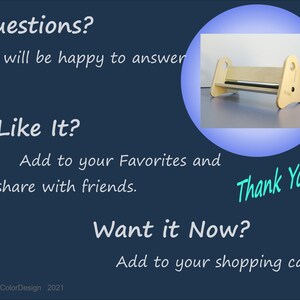 May include: A wooden book stand with a black bar, set against a blue background. The image includes text: "Questions? I will be happy to answer," "Like It? Add to your Favorites and share with friends," "Want it Now? Add to your shopping cart," and "Thank You!"