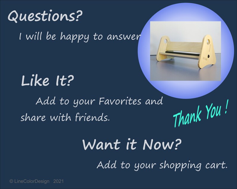 May include: A wooden book stand with a black bar, set against a blue background. The image includes text: "Questions? I will be happy to answer," "Like It? Add to your Favorites and share with friends," "Want it Now? Add to your shopping cart," and "Thank You!"