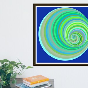 May include: Abstract art print featuring a spiral design in shades of green, blue, and yellow on a deep blue background. The artwork is framed in a dark brown frame and is displayed on a white wall. The artwork is a modern piece of art.