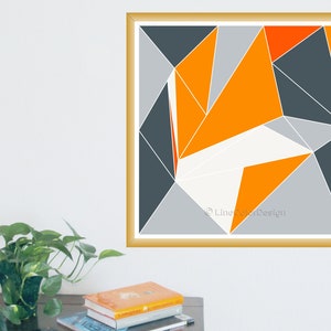 May include: Geometric abstract art print in a gold frame. The artwork features a design of orange, grey, white, and dark grey geometric shapes. The artwork is signed "LineColorDesign".