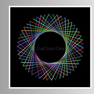 May include: A geometric design featuring a circular pattern of colorful lines on a black background. The lines are arranged in a starburst-like formation, with a variety of colors including red, green, blue, and yellow. The text "LineColorDesign" is visible.