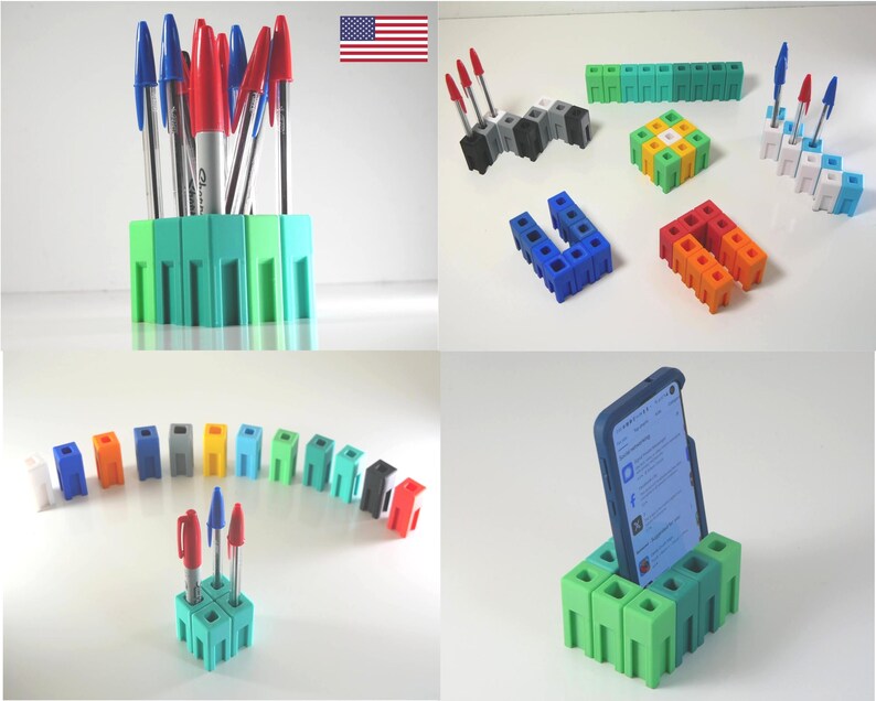May include: A collection of colorful 3D-printed desk organizers and pen holders. The image showcases various designs, including a phone stand, pen holders, and modular building blocks in shades of green, blue, red, and gray. Pens and a smartphone are displayed.