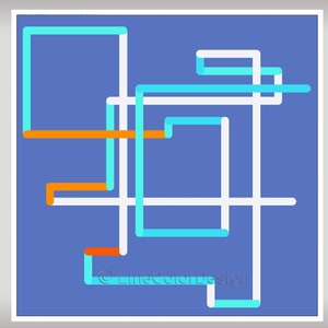May include: Abstract geometric art print with a blue backdrop and intersecting lines in white, orange, and turquoise. The artwork has a modern, minimalist style. The text "© LineColorDesign" is visible in the lower left corner.