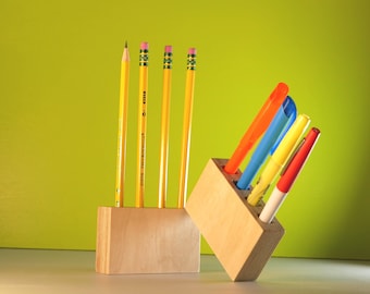 Small Pen and Pencil Holder with Simple Minimalist Lines | Modern Home & Office Desk Organizer Accessory | Two Sizes also Fit Sharpie  | USA