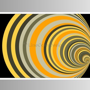 May include: Abstract art print featuring concentric circles in shades of yellow, orange, gray, and black. The design creates a tunnel-like effect, with the circles diminishing towards the center. The artwork is set against a black background.