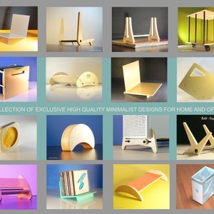 May include: A collection of minimalist designs for home and office. The image showcases various wooden furniture pieces, including a desk organizer, a chair, and a cart on wheels. The designs are modern and unique, with the text "Bold - Exquisite - Unique".