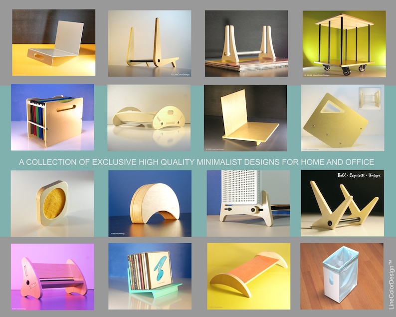 May include: A collection of minimalist designs for home and office. The image showcases various wooden furniture pieces, including a desk organizer, a chair, and a cart on wheels. The designs are modern and unique, with the text "Bold - Exquisite - Unique".