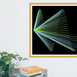 May include: Abstract art print with a geometric design of radiating lines in green, blue, and white on a black background. The artwork is presented in a gold-coloured frame, offering a contemporary feel.