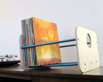 Modular 100 Record Storage Rack | Vinyl Record Crate | Holder For 50-100 LP Albums | Record Shelf in Modern Birch & Blue Finish |  #VCX-BBBL