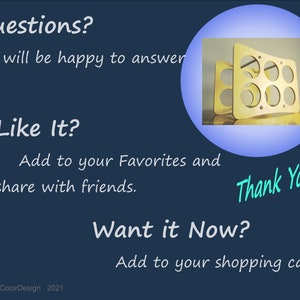 May include: A gold-colored, geometric wine rack with six circular openings, displayed against a blue background. Text includes "Questions?", "Like It?", "Want it Now?", and "Thank You!" The LineColorDesign logo and the year 2021 are also visible.