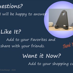 May include: A dark blue background with white text asking "Questions?" and "Like It?" and "Want it Now?" A black wooden phone stand is in a blue circle. The text "Thank You!" is in red.