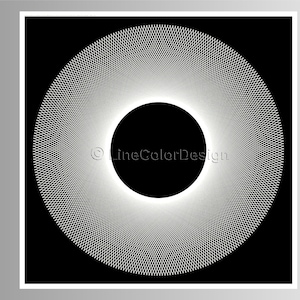 May include: An abstract art print with a circular white pattern on a black backdrop. The design includes a central black circle and a detailed, web-like structure. The text "LineColorDesign" is present. Ideal for home decor, this artwork is a striking visual piece.