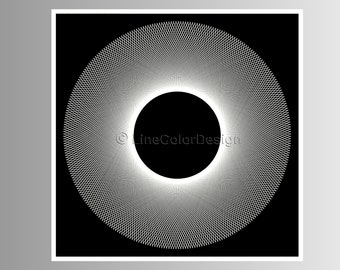 May include: Abstract geometric art print featuring a white, circular pattern against a black background. The design has a central black circle surrounded by a detailed, web-like structure. The text "LineColorDesign" is visible. This artwork is suitable for home decor.