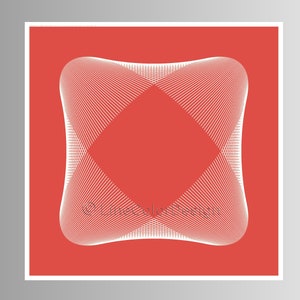 May include: A square print featuring a white, geometric design on a red background. The design is composed of numerous parallel lines that create a three-dimensional effect. The print is framed in white and set against a gray backdrop.