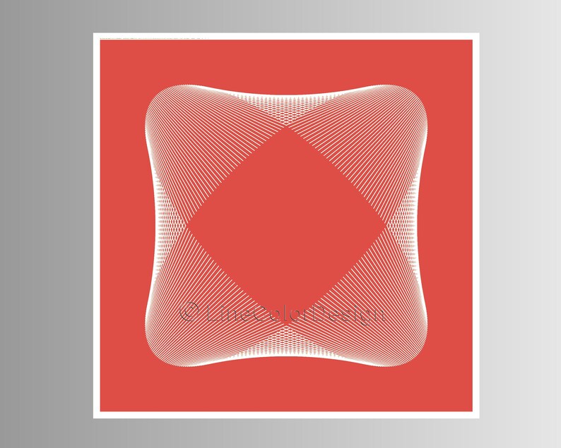 May include: A square print featuring a white, geometric design on a red background. The design is composed of numerous parallel lines that create a three-dimensional effect. The print is framed in white and set against a gray backdrop.